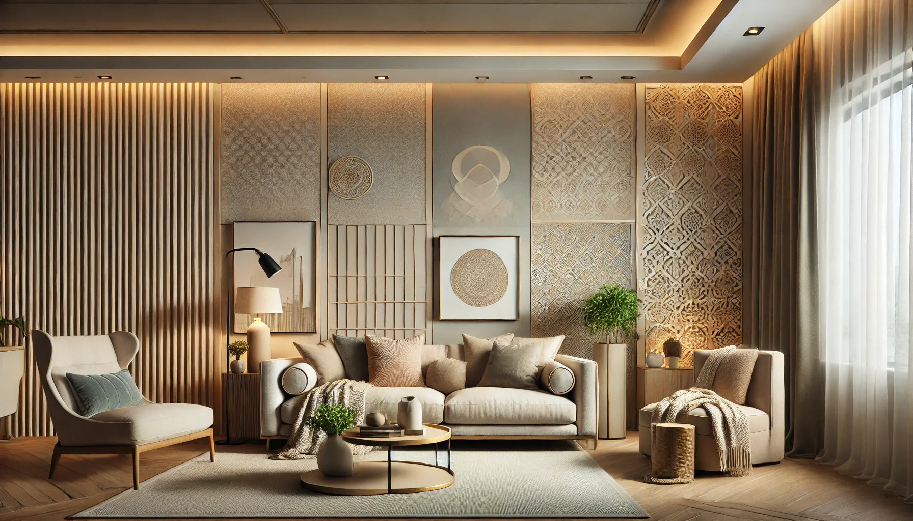 Contemporary room with subtle neutral wallcovering