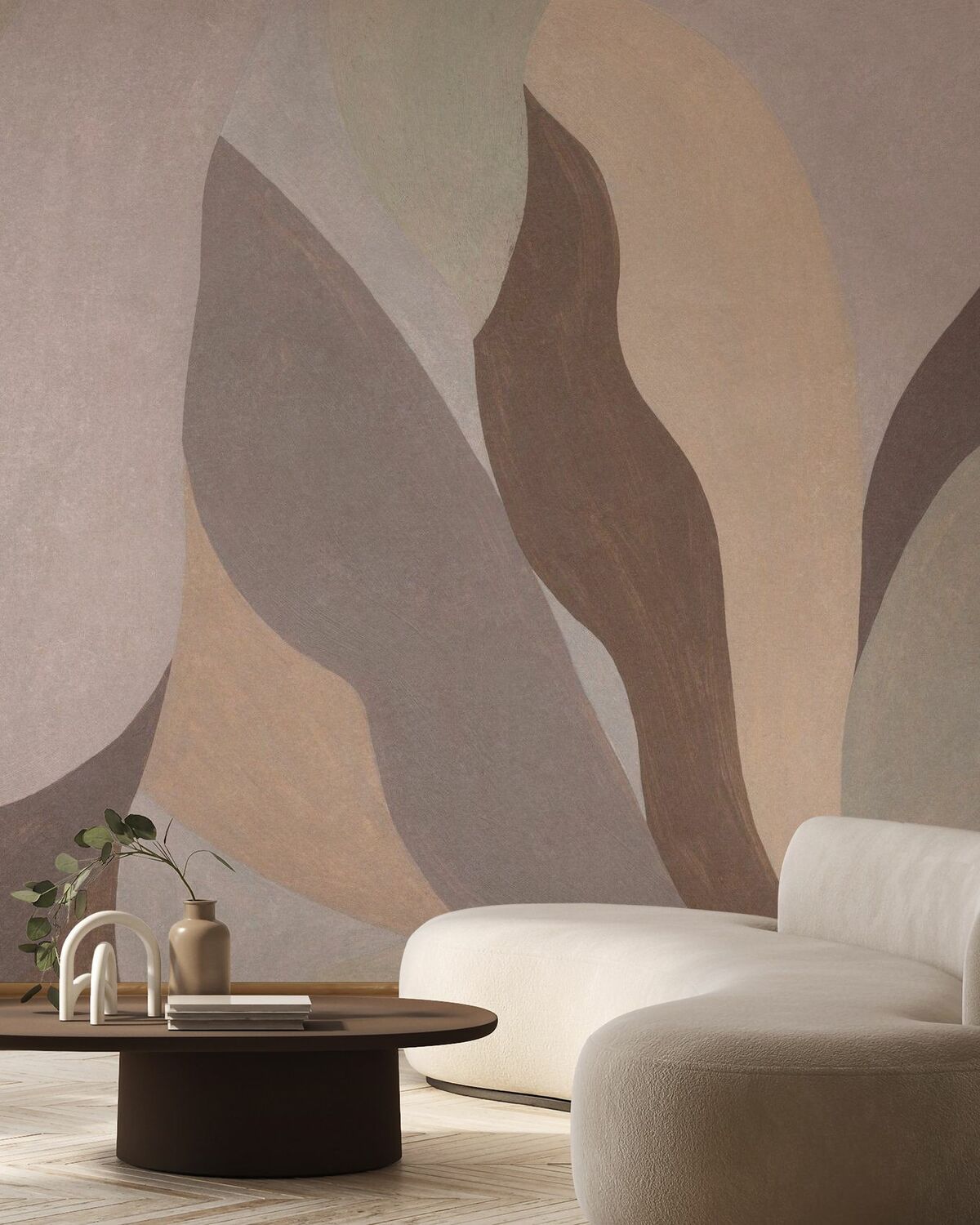Warm taupe mural wallpaper in a refined interior